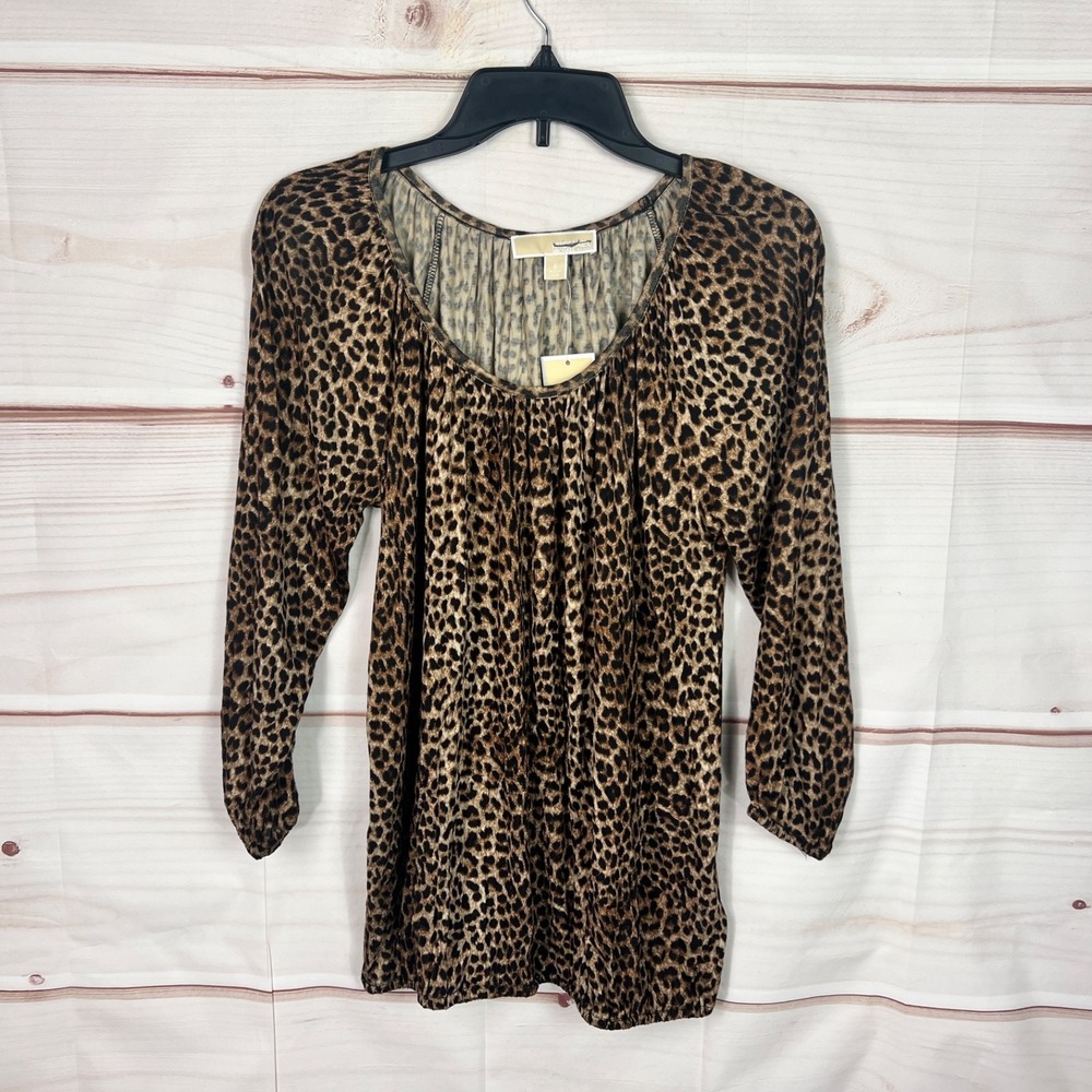 Michael Kors Top Womens Small Brown Black Leopard Print Blouse Knit Scoop Neck